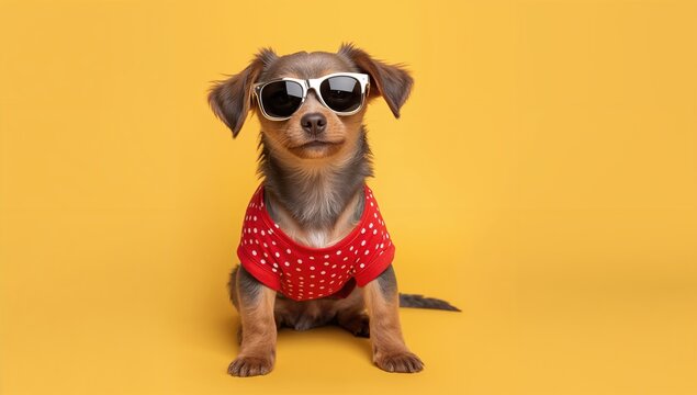 Teckel puppy wearing a shirt and sunglasses during summer, playful demeanor, seasonal joy