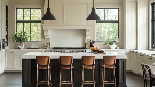 A modern neoclassical kitchen featuring a large island with bar stools, white cabinetry, and large windows allowing natural light, creating a bright and airy atmosphere