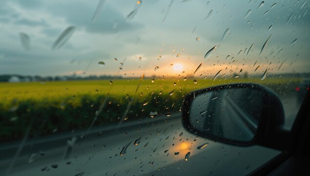 Raindrops on a car's side rear-view mirror during a rainy day, driving in adverse weather