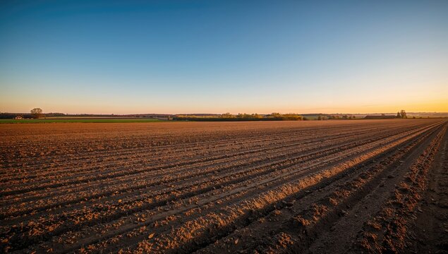 Plowed field under a clear blue sky in rural Denmark, highlighting agricultural practice