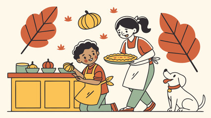 A mother and child in aprons baking a pumpkin pie and decorating with gourds, accompanied by their dog in a cozy autumn kitchen.