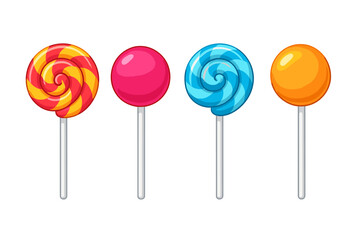 Set of four bright round candies on sticks featuring spiral patterns and solid colors