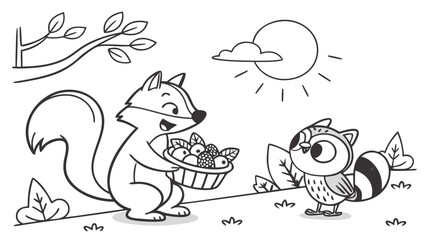 A cute squirrel offering a basket of fresh berries to a little owl on a sunny day in a forest clearing, line art coloring page.