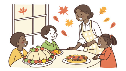 A diverse family, a woman and three children, happily gathered around a table with festive autumn desserts, including pies and a fruit-decorated cake, celebrating a holiday.