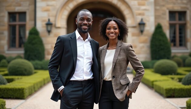 Successful Black couple stands before their luxury house. Stylish man and woman smile near their rich stone mansion. Wealthy partners show happiness, success, homeownership and real estate prosperity.