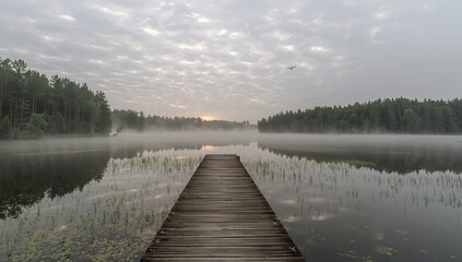 Early mist hovering over the lake at dawn