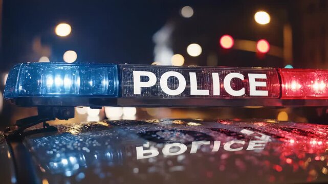 Close-up of police car roof with flashing red and blue lights at night with rain droplets, concept for law enforcement, emergency response and public safety promotion