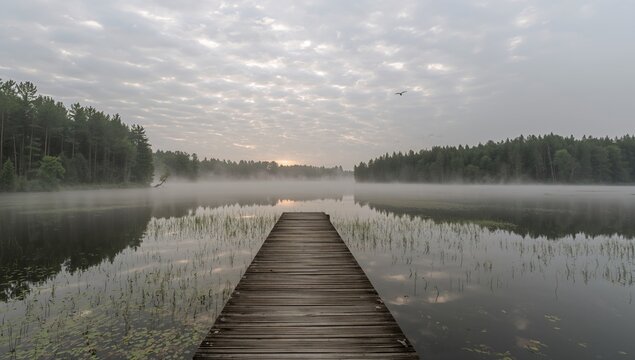 Early mist hovering over the lake at dawn