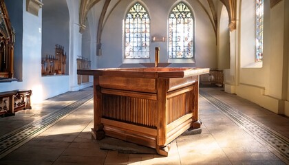 wooden baptismal font in a church illuminated by natural light shining through the architectural space