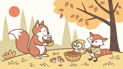 Cute cartoon woodland animals, a squirrel, an owl, and a raccoon, collecting mushrooms in an autumn forest setting.