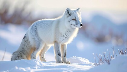 Arctic Fox Standing in Snow During Golden Hour Soft Sunlight Illumination Frosty Fur Detailed Texture Outdoors