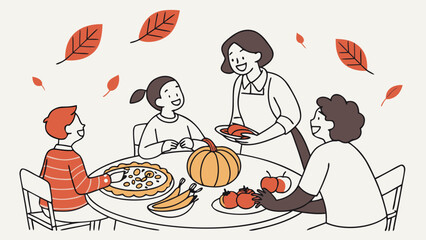 A happy family celebrating autumn or Thanksgiving with a meal around a table, featuring pie, pumpkin, and fruit, with falling leaves.