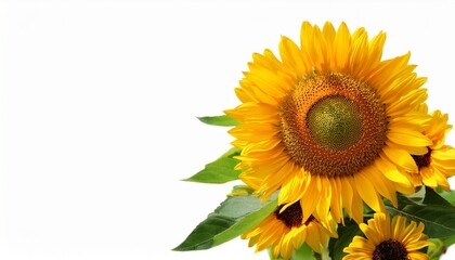 Naklejka premium bright yellow sunflowers with green leaves bloom isolated on white background