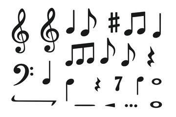 Fototapeta premium Collection of musical symbols including treble clef, bass clef, notes, rests, and sharps