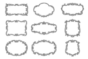 Collection of nine vintage ornate decorative frames and borders set in antique engraving style