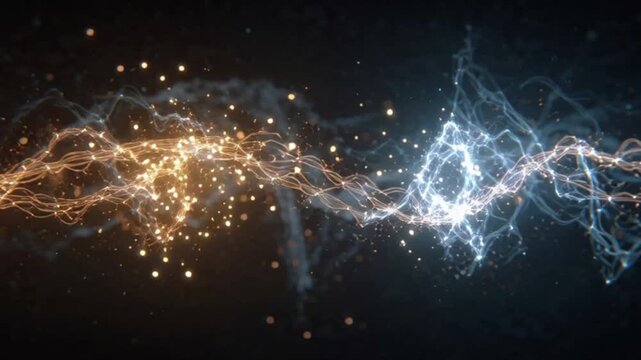 Abstract representation of colliding energy waves in a dark background with particles