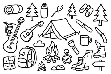 Essential camping and hiking equipment depicted as hand drawn outline doodles