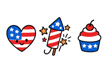 Cute patriotic symbols featuring American flag heart, firework rocket, and festive cupcake for holiday celebration