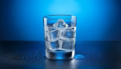 refreshing drink clear glass filled with ice cubes and condensation against a vibrant blue background
