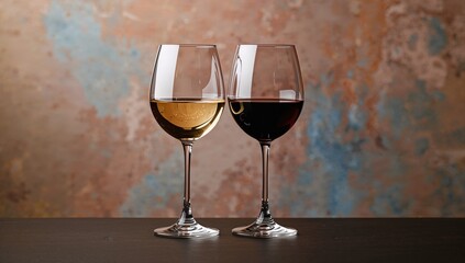 Wineglasses filled with red and white wine positioned on a bar counter, showcasing a vibrant rustic background, ambiance for social gatherings