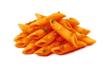 Penne pasta covered in rich red tomato sauce isolated on a clean white background