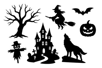 Spooky Halloween icons set featuring haunted house, flying witch, howling wolf, and jack-o'-lantern