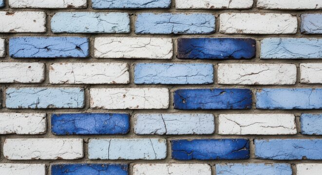 A closeup, textured background of a weathered brick wall with alternating blue and white bricks