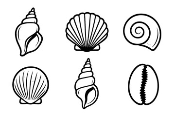 Collection of sea shells and spiral conch shells in black outline style