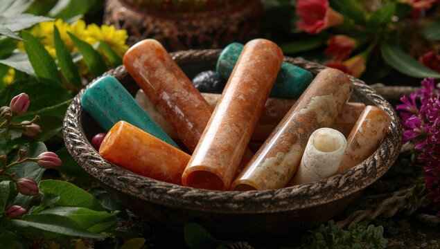 Bowl filled with assorted rolled stones, decorative element for interior design - Powered by Adobe