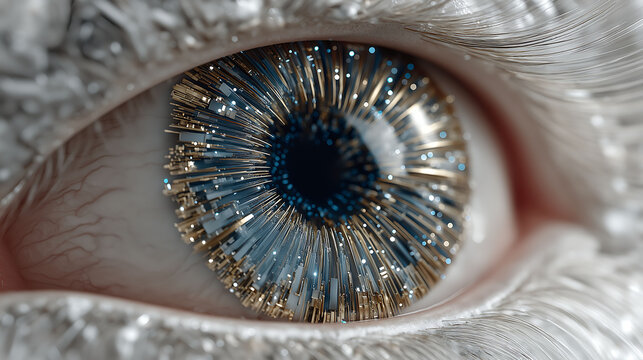 Abstract digital eye with luminous geometric lines, glass texture, symmetry, and high-tech minimalist background