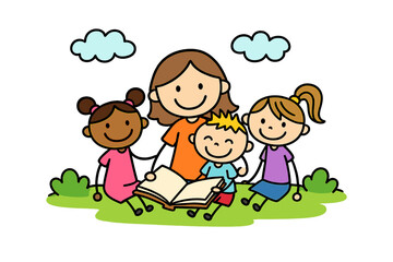 Adult reading a storybook to diverse children sitting on grass outdoors