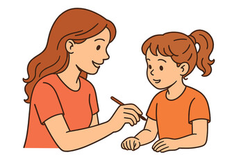 Smiling adult woman guiding a young girl's hand while drawing or writing together during a lesson