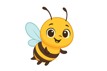 Cheerful flying bumblebee mascot with big eyes and a friendly smile on white background