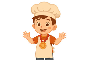 Cheerful young child dressed as a professional chef wearing an apron and a gold medal