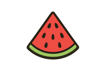 Stylized triangular piece of ripe watermelon fruit with red flesh and dark seeds on a clean white background