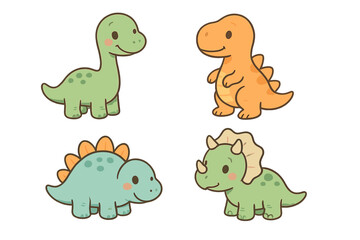 Collection of four adorable cartoon baby dinosaurs including T-Rex, Stegosaurus, and Triceratops © Andrei