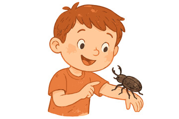 Young boy observing a large brown beetle crawling on his arm with curiosity