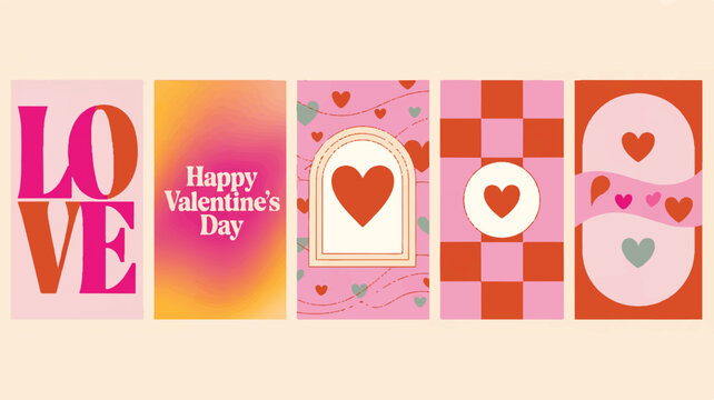 Chic Valentine's Day graphic templates collection featuring modern hearts and playful patterns, perfect for digital love celebrations and romantic messages