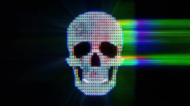 Digital skull formed from binary code on black background