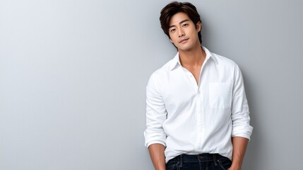 Man poses confidently against a plain background in casual attire