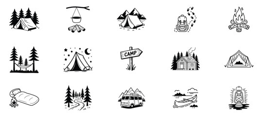 Naklejka premium Camping adventure icons, travel and exploration nature journey elements