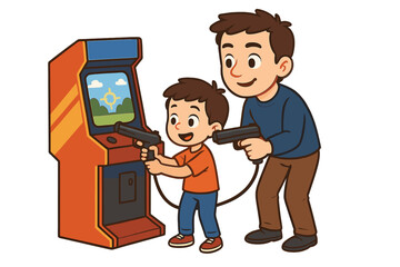 Happy father and young son playing a shooting game on a retro arcade machine together