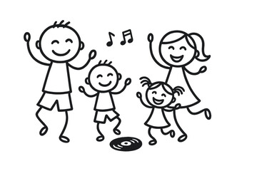 Simple black outline happy stick figure family dancing and celebrating together with musical notes