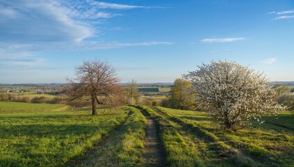 Spring scenery featuring a lush landscape with trees and grass, highlighting seasonal change