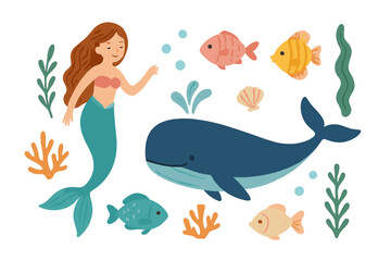 Cute underwater set with smiling mermaid, blue whale, tropical fish, and sea plants