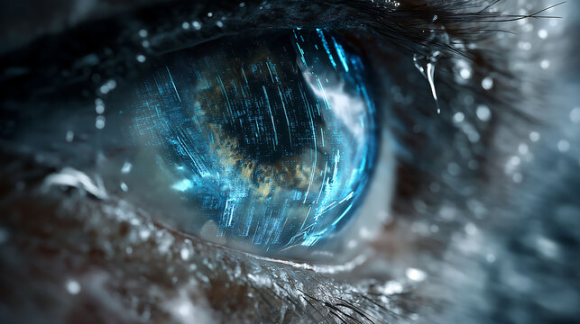 A futuristic cyberpunk eye with neon blue iris and digital HUD overlay, data streams, dramatic lighting, and chrome reflections