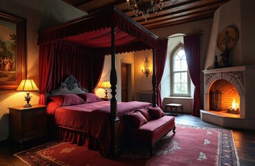 Luxury old style bedroom interior with big red canopy bed, ornate headboard. Room features burning fireplace, classic arched window. Wooden ceiling beams, chandelier, vintage furniture create royal,