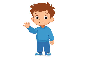 Adorable young boy standing cheerfully in blue outfit raising hand to wave hello
