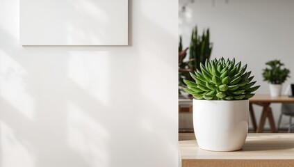 Fototapeta premium Succulent plant in a white pot, positioned on a wooden shelf, suitable for editorial header background