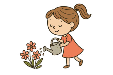 Happy little girl with brown hair watering pink flowers using a small gray watering can